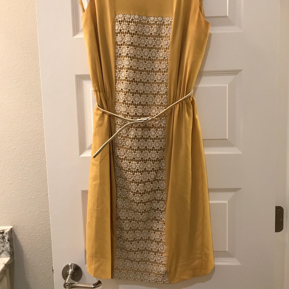Mustard and white eyelet belted dress